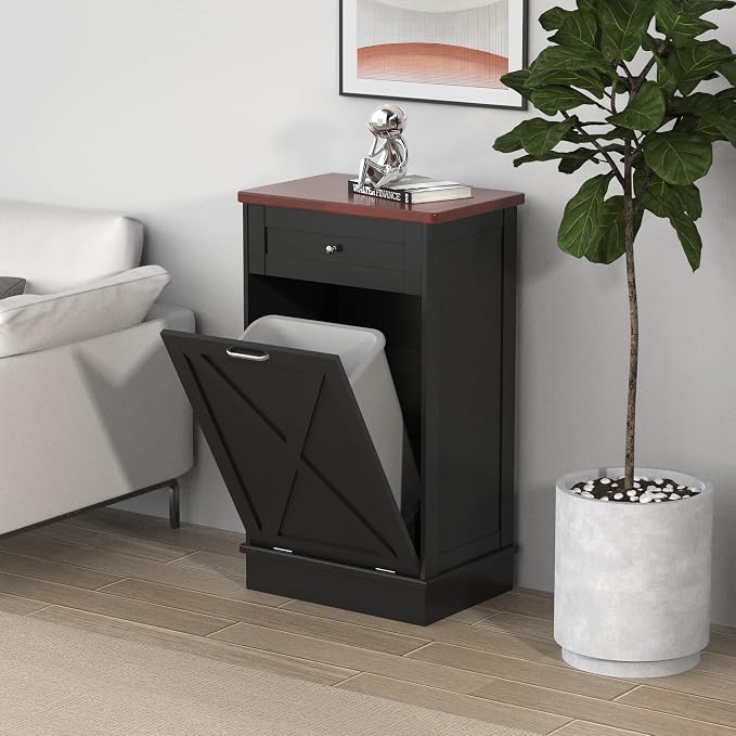 TOLEAD 10 Gallon Tilt Out Trash Can Cabinet Wooden Hidden Trash Cabinet with Solid Wood Top & Drawer, Farmhouse Kitchen Garbage Bin Enclosure Pet Proof Laundry Hamper for Kitchen, Bathroom Black