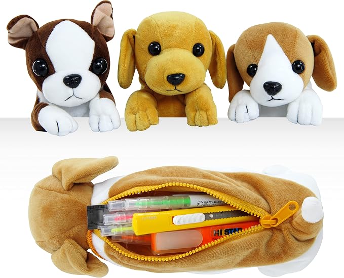 BB FUN HOUSE Pencil Case for Kids, 3D Plush Animal Dog Dinosaur Pencil Pouch Soft Stationery Storage Pen Bag for Girls and Boys School Supplies