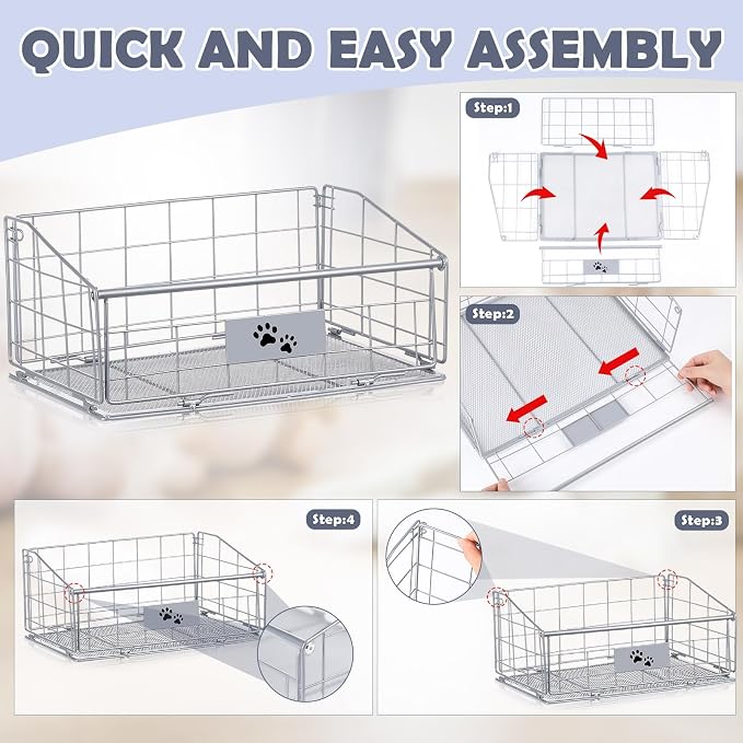 3 Pack Metal Dog Toy Baskets Multi-sized Foldable Dog Toy Bins Box Storage Container Organizer for Living Room Area Decorative Pet Accessories Coat Clothing Storage Holder Baskets(Silver)