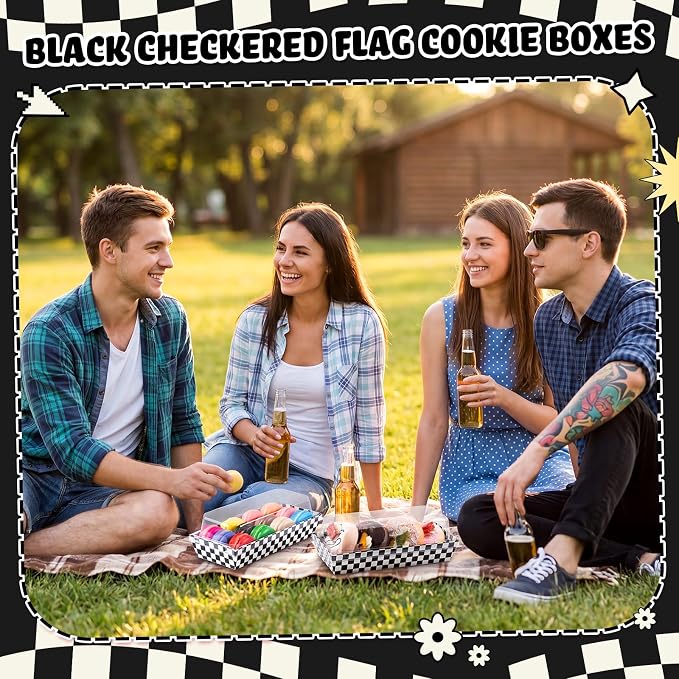 Bokon 50 Pack Black White Checkered Boxes, Small Cookie Boxes with Window, Individual Treat Containers for Sandwich, Cookie, Sushi, Cake Slice, Race Car Party Favors
