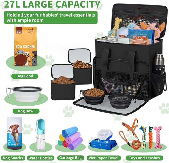 TORIBIO Large Dog Travel Bag for Supplies with Food Bowl | With 2 Food Container and Collapsible Bowls, Mat & Divider, Water-resistant, Pet Travel Kit for Weekend, Road Trips, Camping