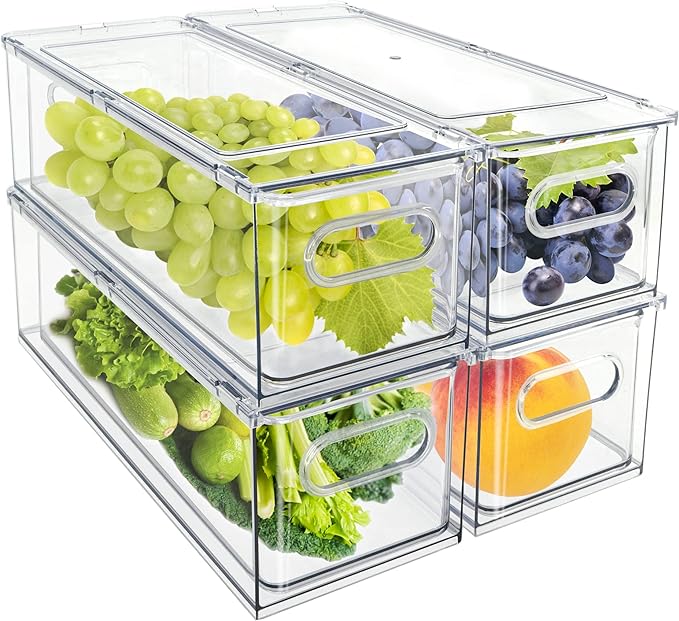 4Pack Stackable Fridge Drawers Pull-out Storage Bins with Handle Clear Food Container for Refrigerator Plastic Dresser Organizer Fruit&Veggie Keeper for Freezer Cabinet Kitchen Organization