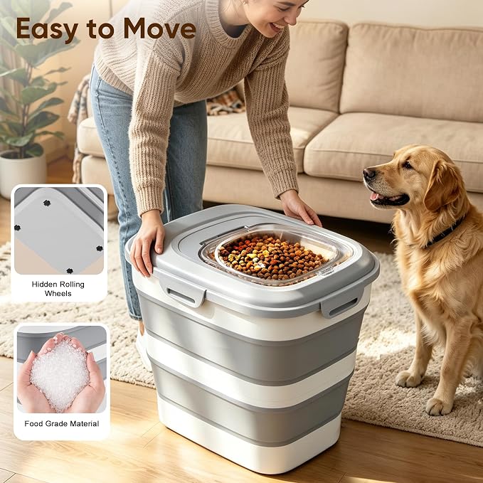Rice Storage Container, 20 to 50Lbs Collapsible Airtight Rice Container, 30 Lbs Dog Food Storage Container with Wheels, Cup and Scoop, Food Dispenser Bin for Flour, Cereal, Flour, Cat, Bird, Pet