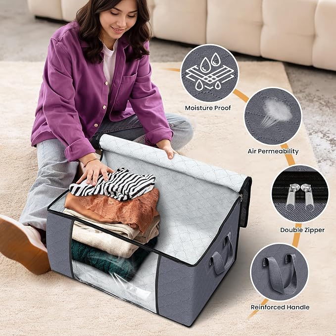 10 Pack Storage Bags for Clothes Blanket Storage Bins with Lids | Foldable Closet Organizers with Zippers,Window and Handles,Fabric Storage Bins for Sweater,Comforter,Bedding,Dorm essentials