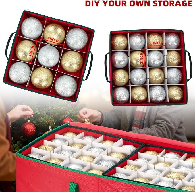 Christmas Ornament Storage Box with Adjustable Dividers and Side Pockets, Large Ornaments Storage Container Bin with Zippered Top for Xmas Decorations (128-3" Balls, Red, With Tray)