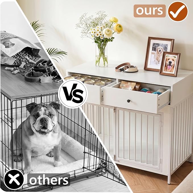 LEMBERI 44 Inch Large Dog Crate Furniture with 2 Storage Drawers, Wooden Dog Kennel Furniture as End Table, Decorative Pet Cage Dog House Indoor for Dogs, White