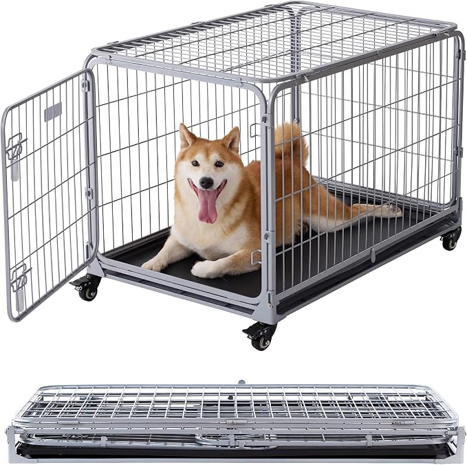 ZOMISIA Collapsible Dog Crate with Lockable Wheels - 36 inch Escape Proof Dog Kennel for Medium Dogs with Double Door, Easy Assembly Foldable Cage with Removable Tray, Indoor Outdoor Use,Silver Gray