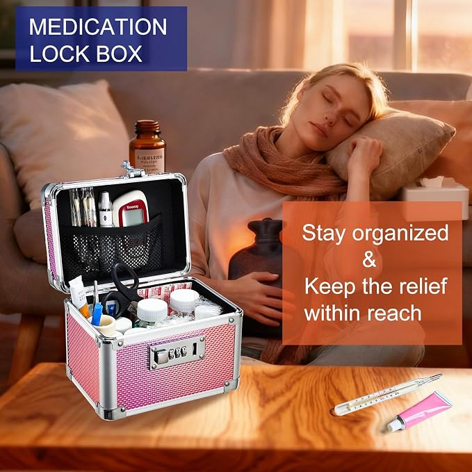 Medicine Lock Box with 3-Digit Combination Lock – Pink Lockable Storage Box for Medication, Small Lock Box for Valuables, 7" Locking Medicine Box, Lock Box for Home Travel Dorm