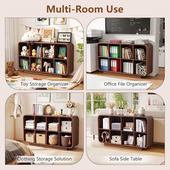 Cube Storage Organizer with Base, 8 Cube 2-Tier Bookcase, Wooden Floor Standing Storage Shelf with Rounded Corners, Anti-Tip Kit, Low Lattice Organizer for Home Office Living Room, Walnut