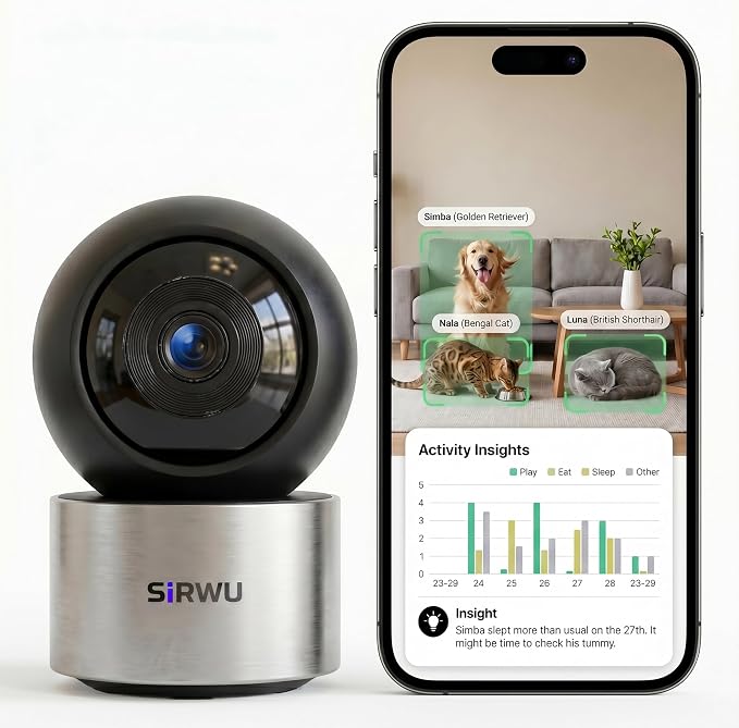 AI Pet Camera Indoor, Multi-Pet Recognition for Up to 6 Pets, 2K 3MP Dog & Cat Camera with 360° Auto Tracking, AI Daily Summaries, Night Vision, 2-Way Audio, 2.4/5GHz WiFi