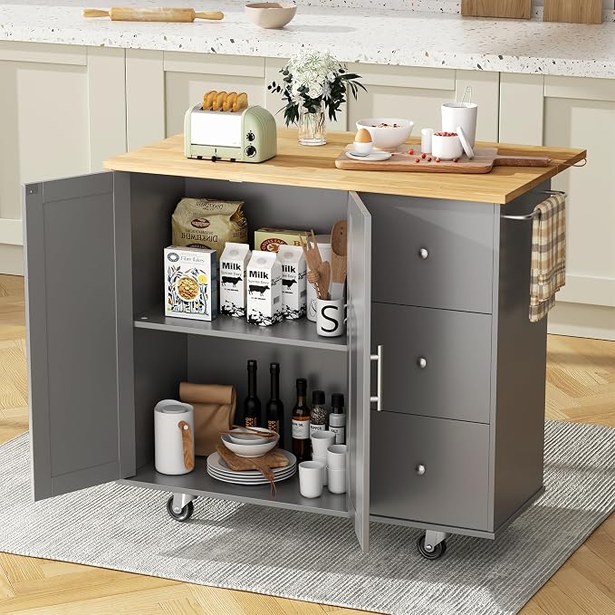 JY QAQA 40" Kitchen Island Cart Furniture cart on Wheels Rolling Portable Dining Room Serving Utility Carts Mobile Movable with Drawers Cabinet,Grey