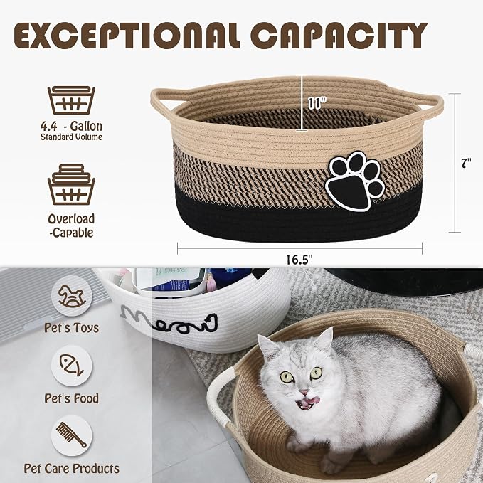 Sea Team Pet Toy Basket with Handles for Cats and Dogs, Flaxen Paw | Large Cotton Rope Storage Bin, Shelf Basket, Organizer for Pet Chew Toys, Foods, 16.5 x 11 x 7 Inches, 4.4 Gallons