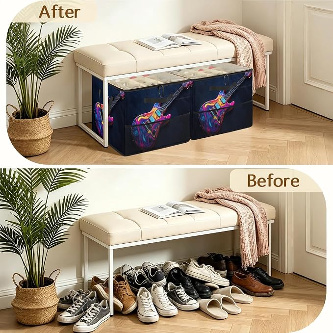 TropicalLife Colorful Guitar Shoe Organizer for Closet | Music Theme Foldable Shoe Storage Organizer Box Bin with Adjustable Dividers and Clear Cover, Fits up to 16-32 Pairs