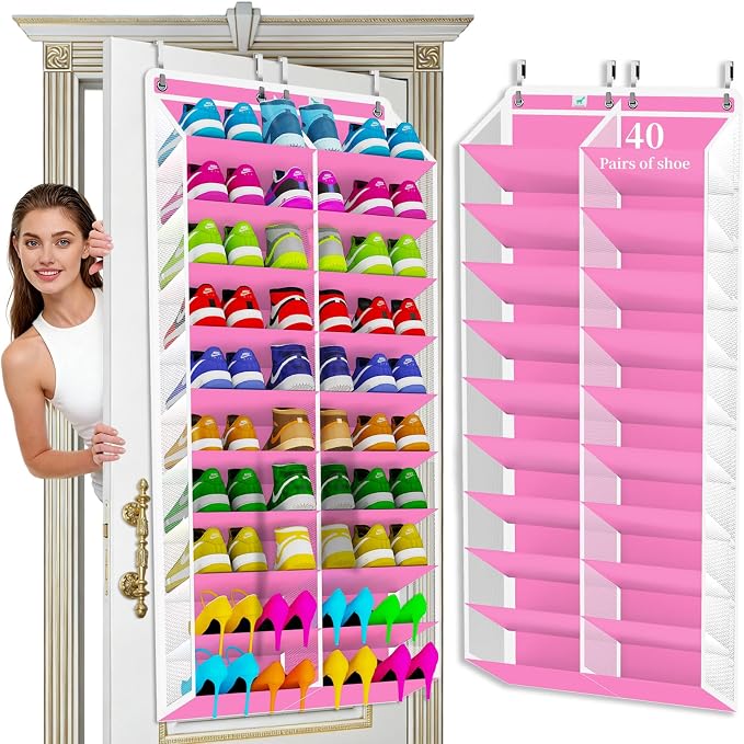 Heavy-Duty over the Door Shoe Organizer, Extra-Wide Large, Holds 30 Pairs & Supports 100lbs, with Reinforced Grommets & Bamboo Rods, Fits Men's Size 12 & Boots, Pink
