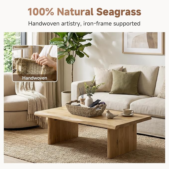 StorageWorks Seagrass Storage Baskets, Large Snack Baskets for Shelves | Wicker Storage Baskets for Shelves, Baskets with Wooden Handles, 2-Pack Gifts Basket for Home Decor, Hand-Woven Basket