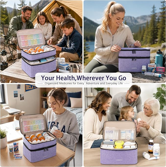 Lexeeco Dual Layers Medicine Pill Bottle Organizer Bag with Lockable Zipper | Portable Medication Bag for Pills,Vitamins,Fish Oil,Medicine Storage Box for College Dorm Student,Home,Large Travel Pill Case