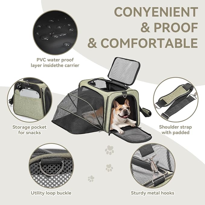 Petsfit Large Expandable Cat Carrier for Travel, Up to 18 lb | 19 x 12 x 12 in; roomy expandable space with a reinforced frame, locking zippers, interior safety tether and large pocket.
