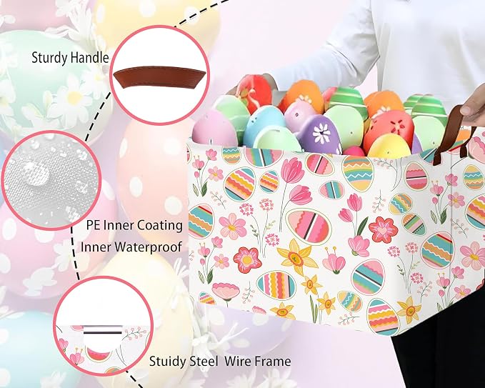 Large Rectangular Easter Baskets Empty Waterproof Boy Toy Box Foldable Kid's Gifts Storage Bin Spring Room Decor(Tulip Flower Egg)
