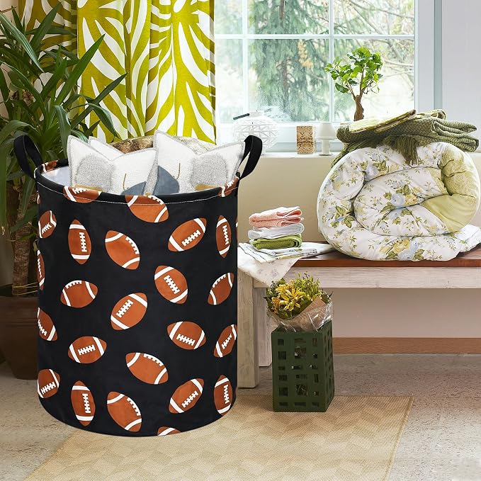 MAIZMZ Rugby Sport Print Storage Basket Kids Hamper, 15.7"D x19.7"H,Waterproof Lining, Leather Handles, Collapsible for Laundry, Sports Gear, Boys Gift