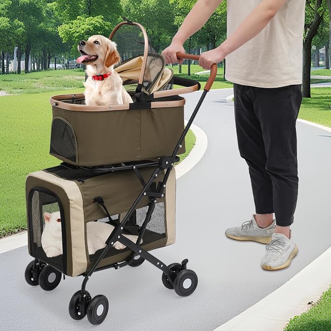 Pet Stroller, Portable Double Pet Stroller Cart with 4 Wheels, Heavy Duty Foldable Dog Cat Supplies, Multifunctional Carrying Storage Cat for Traveling with Pets, Shopping (Dark Green)