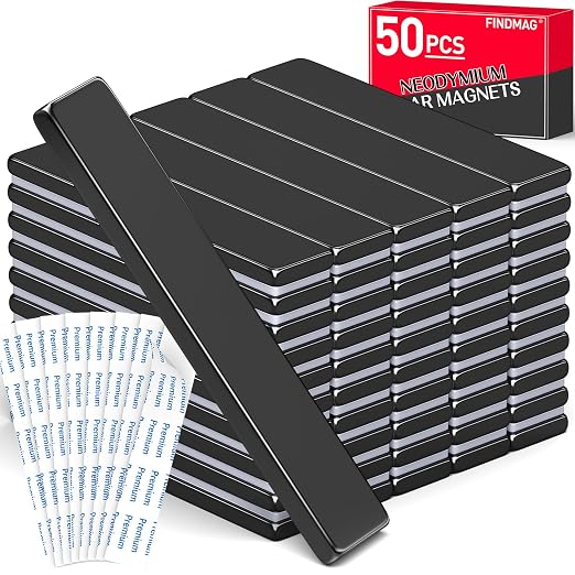 FINDMAG Adhesive Magnet Strips, 50 Pack 60x10x3mm, Strong Rare Earth | Heavy duty bar magnets with a coated mounting surface; for workshops, cabinets, display walls, toolboxes and garage storage