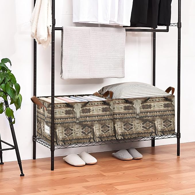 Rustic Western Bull Skull Storage Bins for Shelves with Labels&Handles Fabric Organizer Bin Foldable Rectangle Storage Basket Boxes for Closet, Bathroom, Home, Living Room