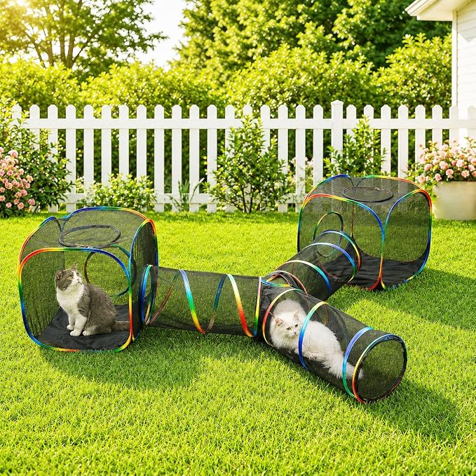 Outdoor Rainbow Cat Enclosures Playground,Outside House for Indoor Cats Include Portable Tent, 3 Way with 2 Cube Tunnel, for Kitty and Small Animals,Within Storage Bag
