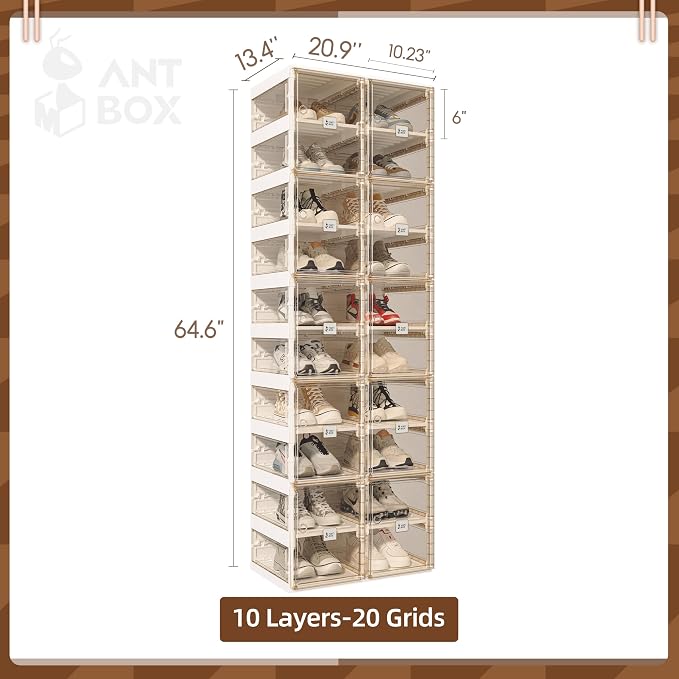 ANTBOX Foldable Shoe Rack,Shoe Organizers for Closet Plastic Shoe Storage Box for Entryway,Living Room,Large Sturdy Stackable Sneaker Cabinet Bins with Magnetic Clear Door 10 Tiers 20 Pairs