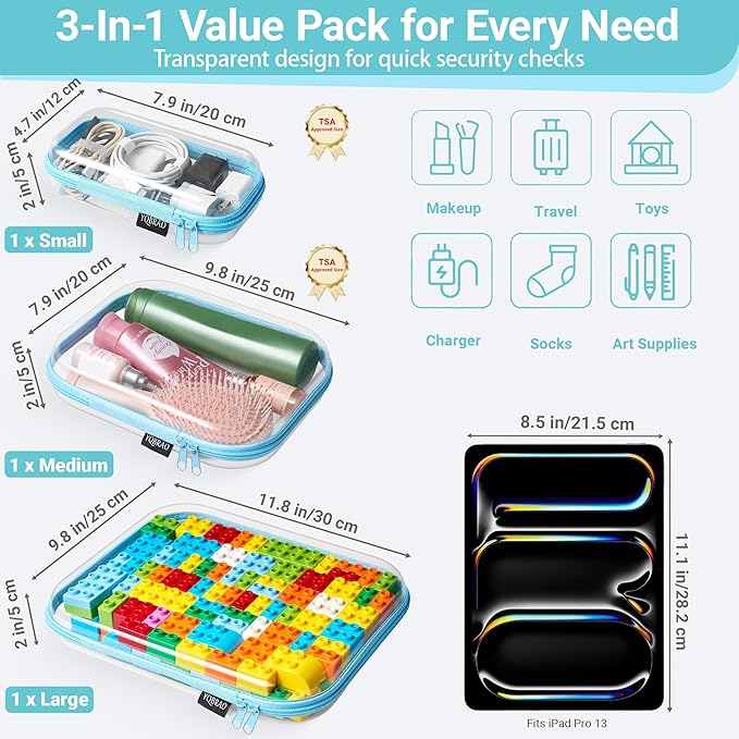 YQBRAO Clear Hard Shell Organizer Cases, 3-Pack, Blue | Large, medium & small rigid PET organizers for travel, tech accessories, beauty products and everyday storage