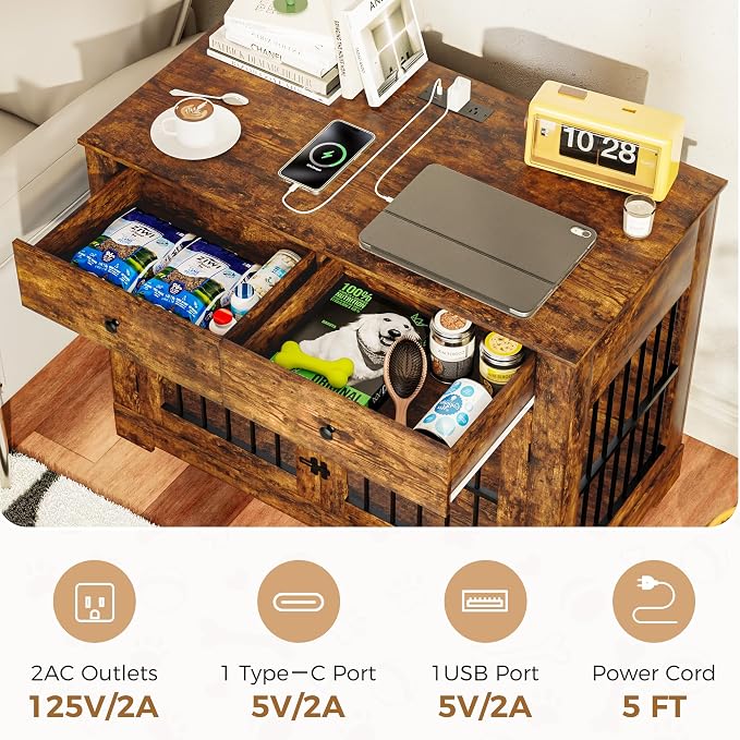 44.5'' Dog Crate Furniture with Storage Dog Kennel w/2 Drawers, Heavy-Duty Wooden Dog House Indoor End Table Tv Stand with Charging Station Pet Cage for Small/Medium Dogs(Brown)