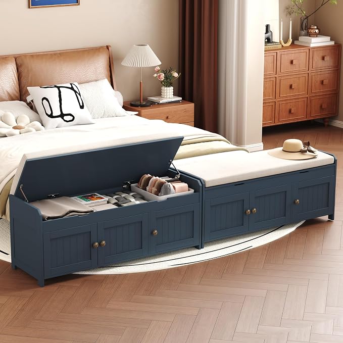 HOMEFORT 41.3" Shoe Bench with Lift Top Storage, Entryway Bench with Cushioned Seat, Wooden End of Bed Bench, Shoe Cabinet Bench with Hidden Storage Space, for Bedroom, Hallway,Blue