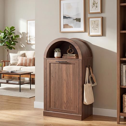 Seang Arched Tilt-Out Trash Can Cabinet,Laundry Hamper Cabinet with Foldable Laundry Basket,Wooden Hidden Garbage Can Cabinets with Metal Handle & Hooks,Walnut