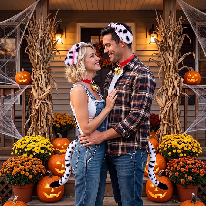 Adult Spotted Dog Costume Set Floppy Ear Puppy Cosplay Kit for Halloween | Dalmatian Puppy Accessory Kit with Floppy Ear Headband Bell Collar & Fluffy Tail Adult Animal Costume for Theme Party
