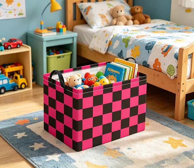 Rectangular Kids Basket Baby Girl Basket Fabric Storage Bin Organizer Box Room Decor(Pink Black Checkered)