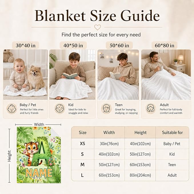 Custom Blanket for Girls Boys with Monogram, Personalized Kids Tiger Throws | Easy Care, Lightweight Throw, Fluffy Flannel Blanket, Soft Touch, Kids Gift