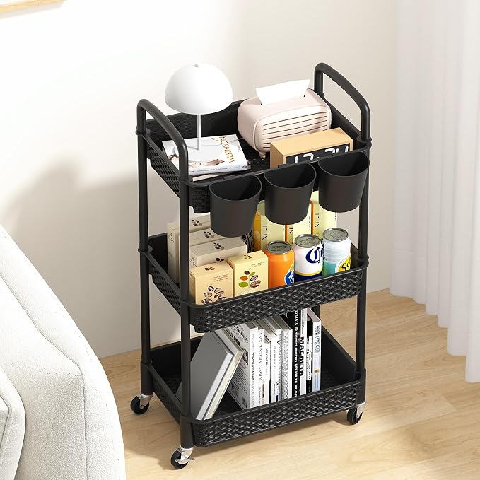 MOYIPIN 3-Tier Plastic Rolling Utility Cart with Handle,Utility Storage Cart for Office, Living Room, Kitchen,Movable Storage Organizer Shelves,Black with 3 Hanging Cups