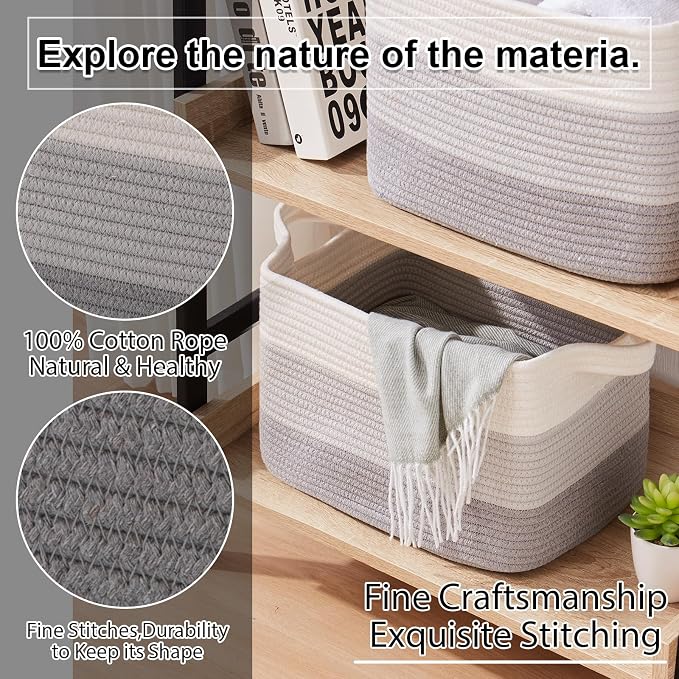 OIAHOMY Woven Storage Basket, Cotton Rope Baskets for Toys,Towel, Clothes, Used to Bathroom,Living Room,Nursery,Bedroom, 16"x12"x10"- Pack of 3, Gradient Gray