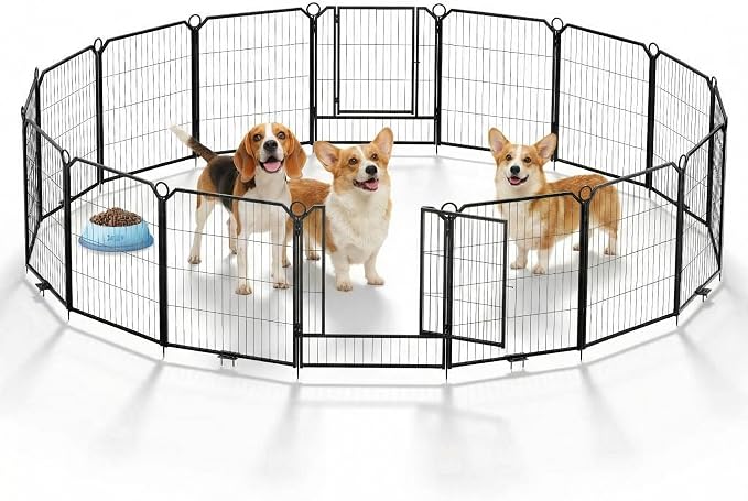 Steel Dog Playpen with Lockable Door & Ground Stakes, 32”H 16 Panels Puppy Playpen, Foldable Dog Fence for Indoors/Outdoor/Yard/RV/Camping