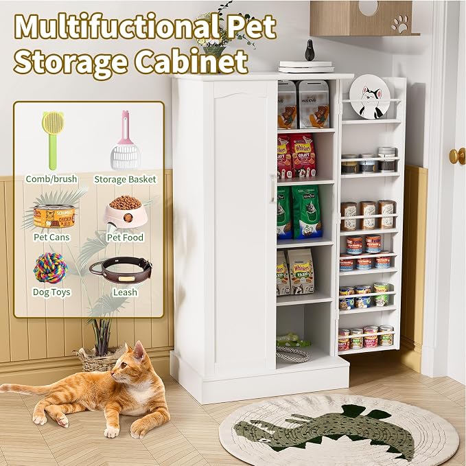 Saudism 47" Dog Food Storage Cabinet with Doors and Adjustable Shelves, Freestanding Pet Storage Container Organizer for Living Room and Dinning Room, White