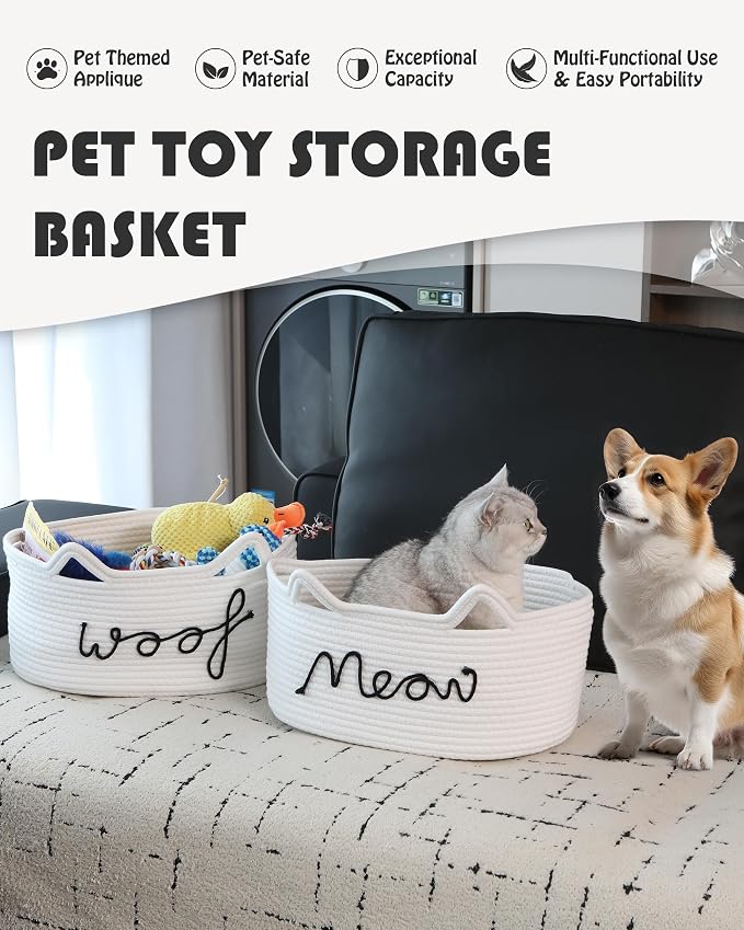 Sea Team Cat Toy Storage Basket with Handles and Ears, White Meow | Large Cotton Rope Storage Bin, Shelf Basket, Organizer for Pet Chew Toys, Foods, 16.5 x 11 x 7 Inches, 4.4 Gallons