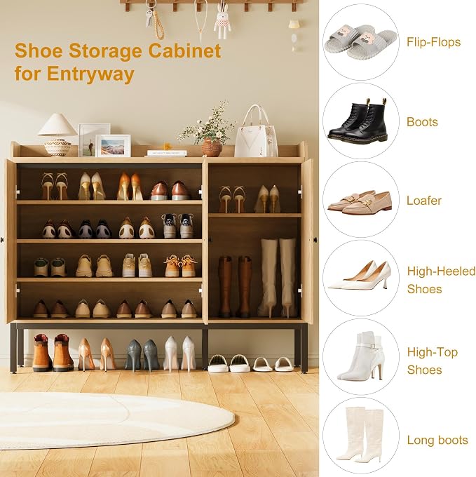 GarveeHome Rattan Shoe Cabinet with 3 Flip Doors, 8-Tier Freestanding Shoe Storage Cabinet with Adjustable Shelves, Large Capacity Shoe Organizer for Entryway, Closet, Natural Oak