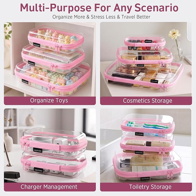 Clear Hard Shell Zipper Case Makeup Storage Organizer Pouches TSA Approved | Travel organizer bags for toiletries, cosmetics, electronics & diaper bins. Multi-size for office, camping, beach & home