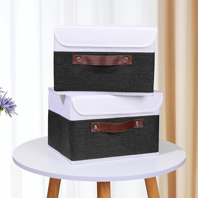 ANMINY Fabric Storage Box Bins with Lids, Black White, 10"x8"x7", 4 Pack | Keepsake Memory Storage, Cotton Linen, PP Board Reinforced, Washable, PU Handles, Foldable & Stackable, Decorative, Small