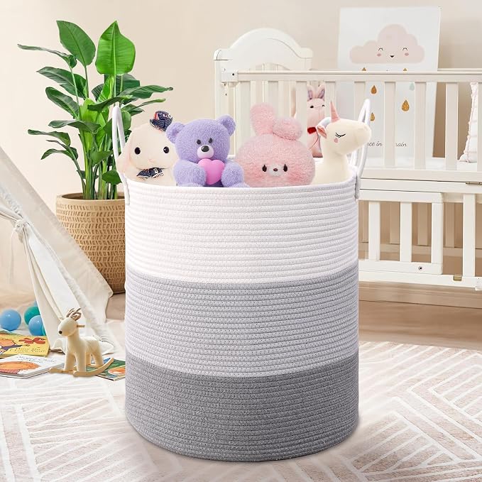 Laundry Hamper for Organizing, 52L Large Laundry Baskets, Cotton Rope Woven Blanket Basket, Collapsible Laundry Hamper for Living Room, Nursery, 15"×18", Gray