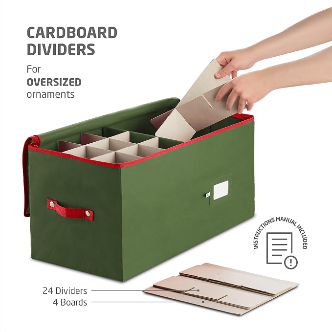 ZOBER Large Christmas Ornament Storage Box - Stores 54 4" Large Ornaments, With Dividers - Ornament Organizer Storage Box, Durable Christmas Containers Holder, Dual Zipper - Green