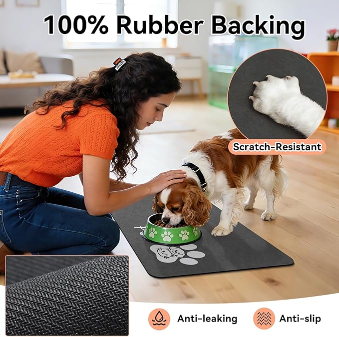 Dog Cat Feeding Mat-Absorbent Pet Bowl Mat for Food and Water, Quick Dry Water Dispenser Mat for Floors with Waterproof Rubber Backing, Puppy Cat Placemat Mats for Messy Drinkers,16"x24",Dark Grey
