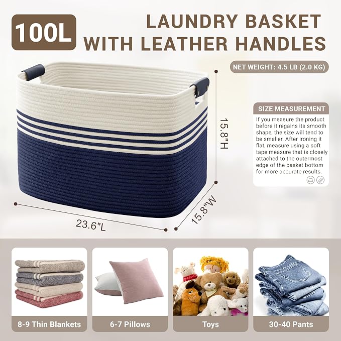 100L Large Woven Laundry Basket Hamper with Leather Handles,Navy | collapsible wicker hamper, storage for dirty clothes, toys, blankets, gifts, living room, bedroom, bathroom, 24"x16"x16"