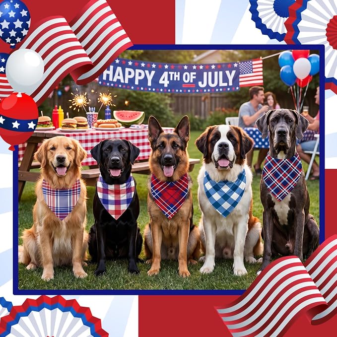 Abbylike 50 Pcs Red White and Blue Plaid Dog Bandanas Bulk Patriotic Gingham Bandana for Dogs Triangle Kerchief Bib Scarf for Pet Veterans Day Thank You Veterans Party Costume, 25 Styles, Medium