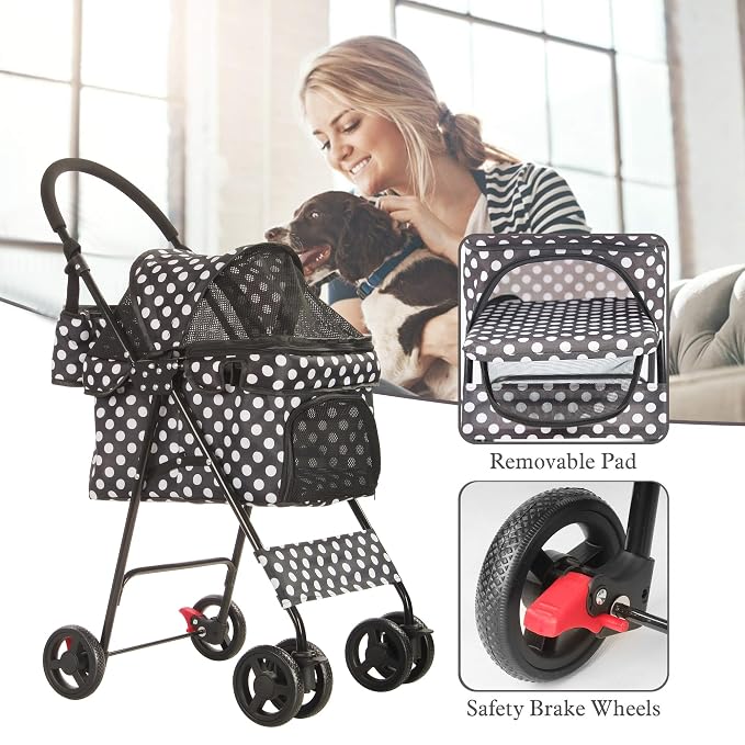 Folding Dog Stroller Travel Cage Stroller for Pet Cat Kitten Puppy Carriages - Large 4 Wheels Elite Jogger - Single or Multiple Pets (Black - 1 cage)