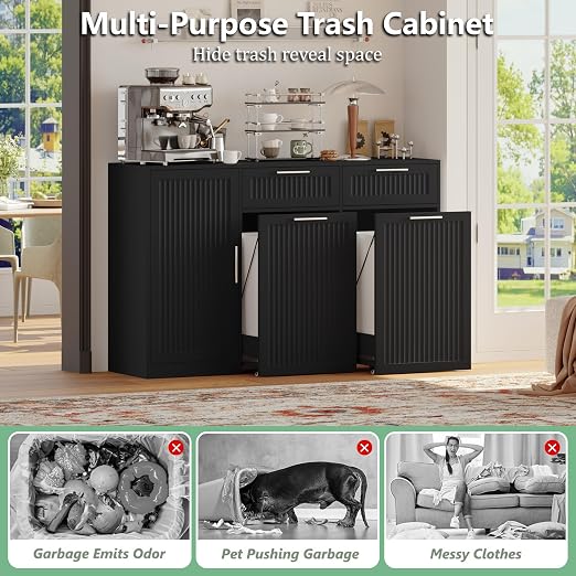 Double 13 Gallon Pull Out Trash Can Cabinet with Storage Cabinet,Black | Pet Proof Hidden Garbage Can Cabinet,3-Tier Shelves,Fluted Design,Extra Drawer Space,Kitchen & Dining Room Organization
